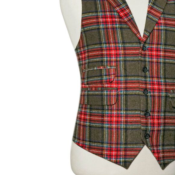 Mens 46R Wool Olive Green Red Tartan Plaid Vest Waistcoat Wedding Party Formal - Picture 6 of 8